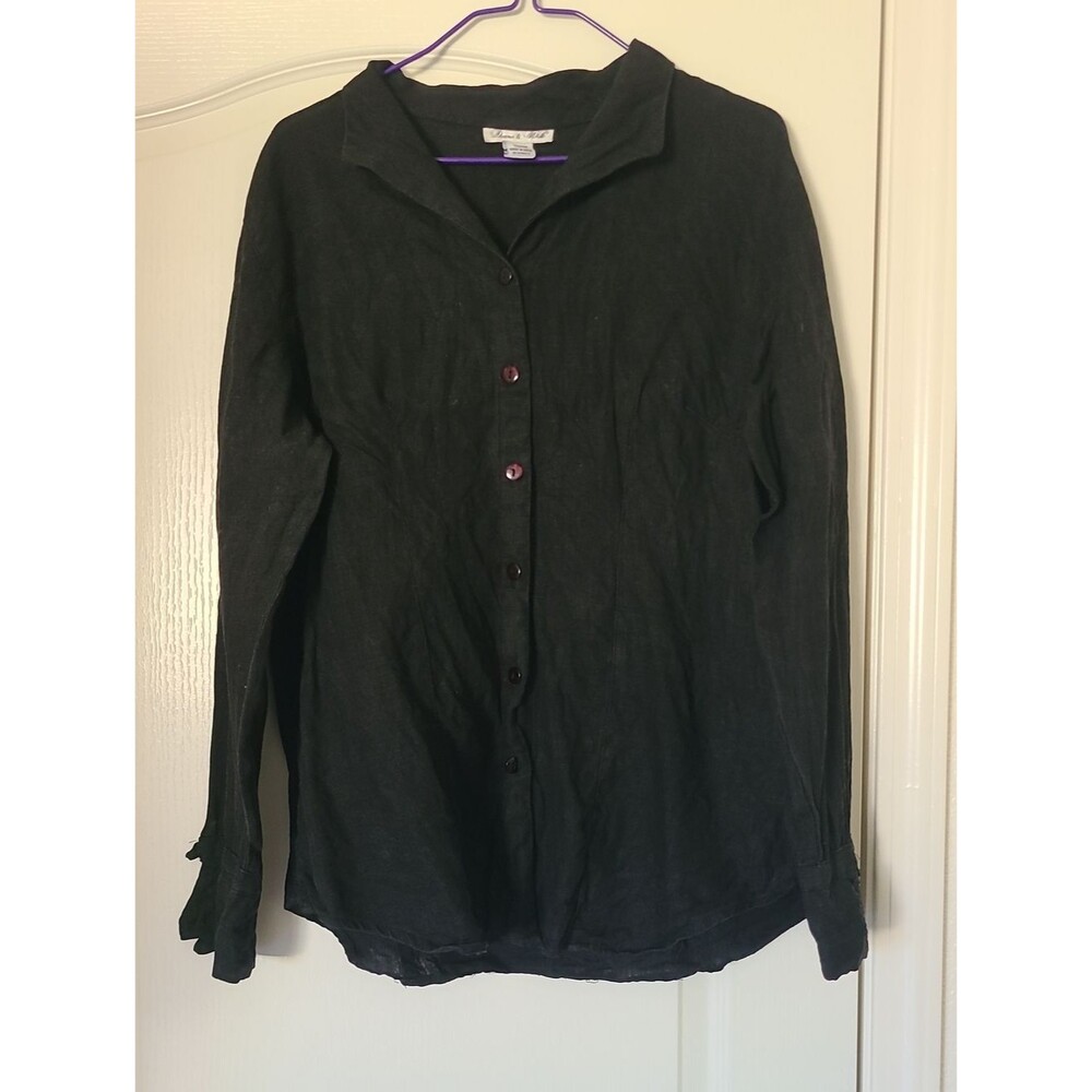 100% Linen Black Long-Sleeve Button Up Shirt 1X Coastal Grandma Goth Summer
